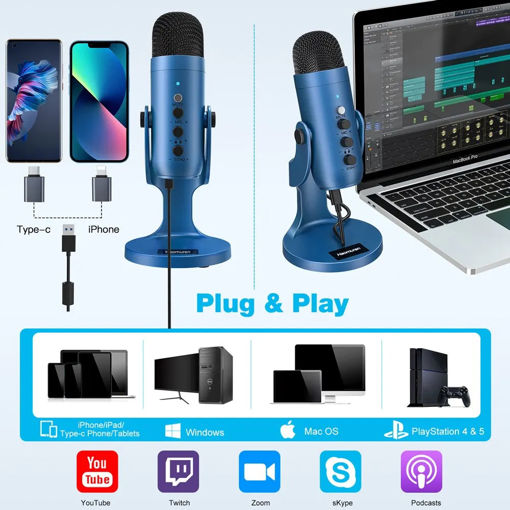 Blue professional usb condenser microphone with black mesh grille and adjustable stand for gaming streaming podcast vocals