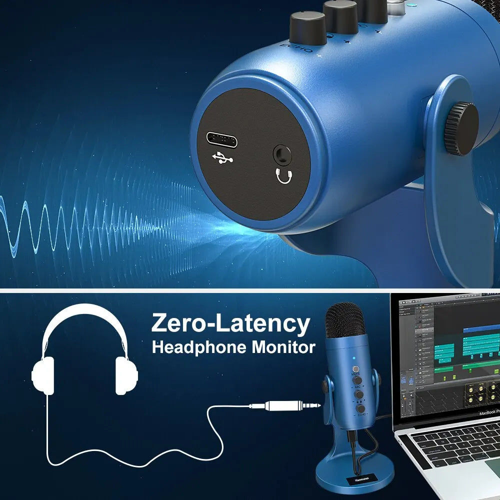 Blue professional usb condenser microphone with usb-c and 3.5mm inputs and black controls for gaming streaming podcast vocals