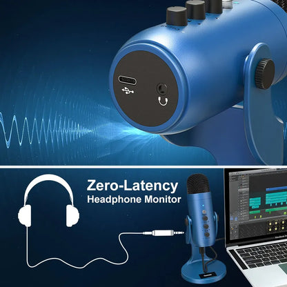 Blue professional usb condenser microphone with usb-c and 3.5mm inputs and black controls for gaming streaming podcast vocals