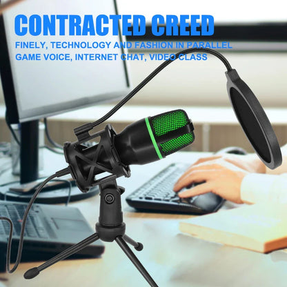 Black and green professional usb condenser microphone with pop filter on tripod stand suitable for streaming recording podcasting laptops