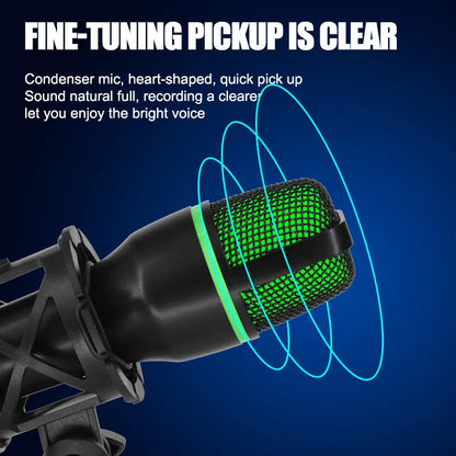 Black heart-shaped professional usb condenser microphone with green mesh grille and glowing accent ring for streaming recording podcasting laptops suitable