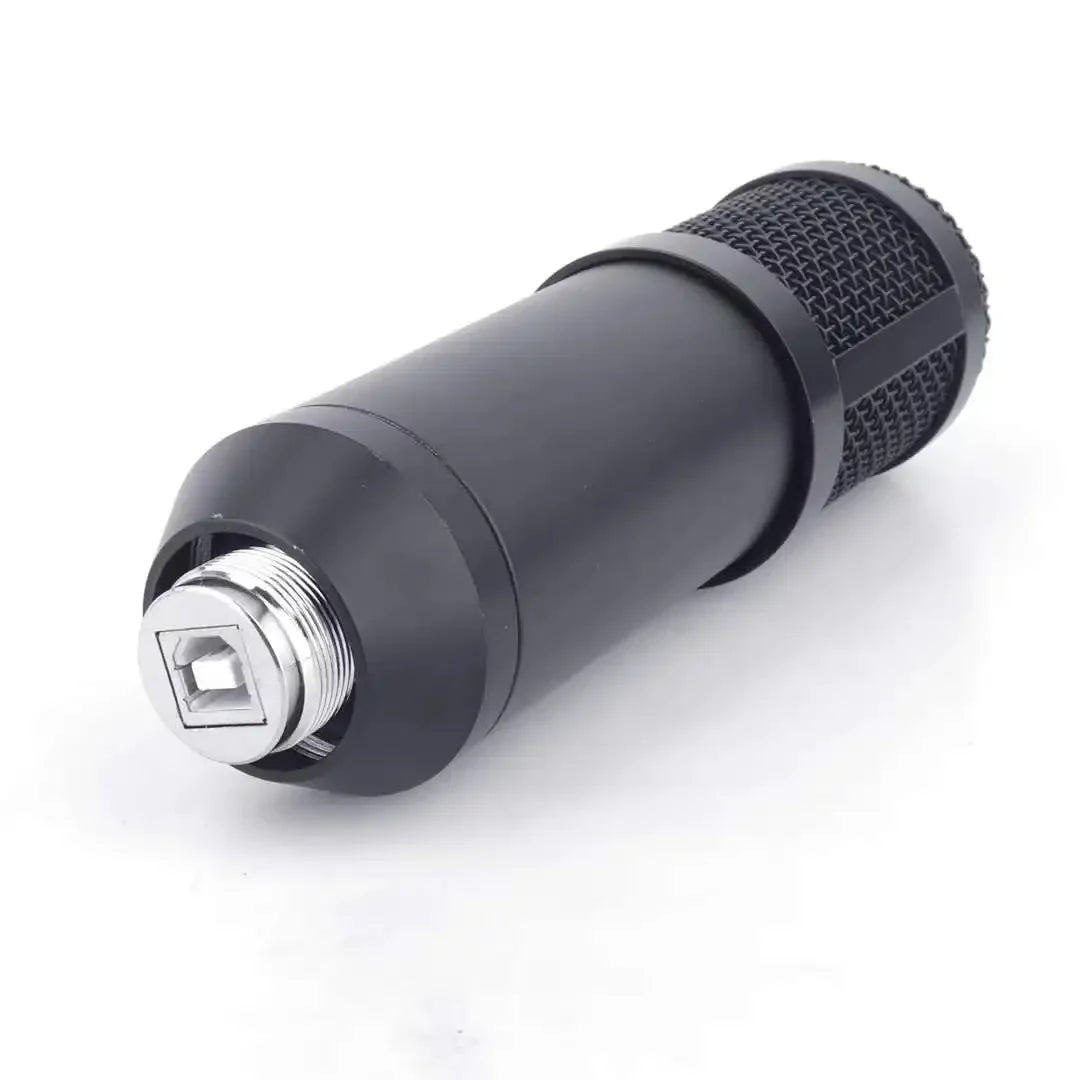 Black cylindrical professional usb condenser microphone with textured grille and silver xlr connector for interview speech recording teaching