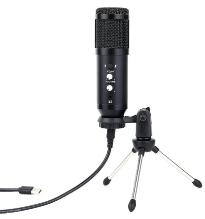 Black professional usb condenser microphone with mesh grille and echo volume knobs on tripod for laptop pc live interview recording
