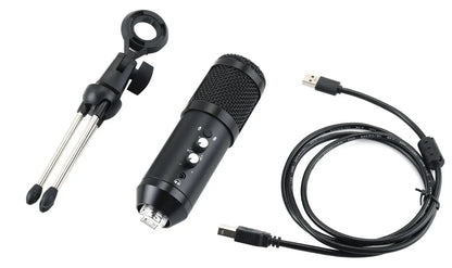 Black professional usb condenser microphone with mesh grille and control buttons for interview speech recording teaching