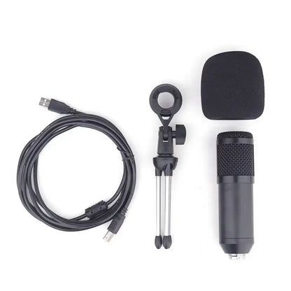 Black professional usb condenser microphone with mesh grille and foam windscreen for laptop pc live interview speech recording