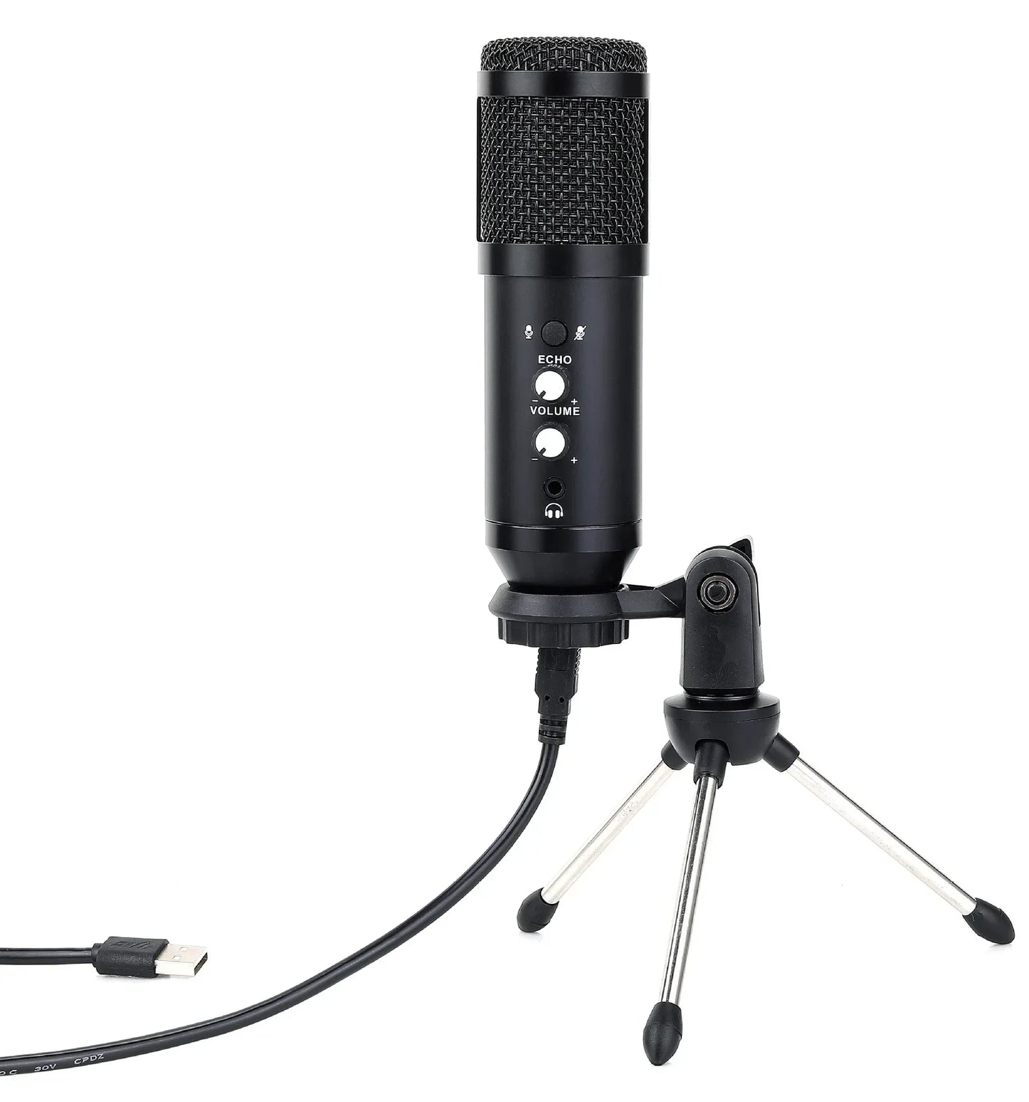 Black professional usb condenser microphone with mesh grille and controls for echo and volume on tripod for speech recording teaching