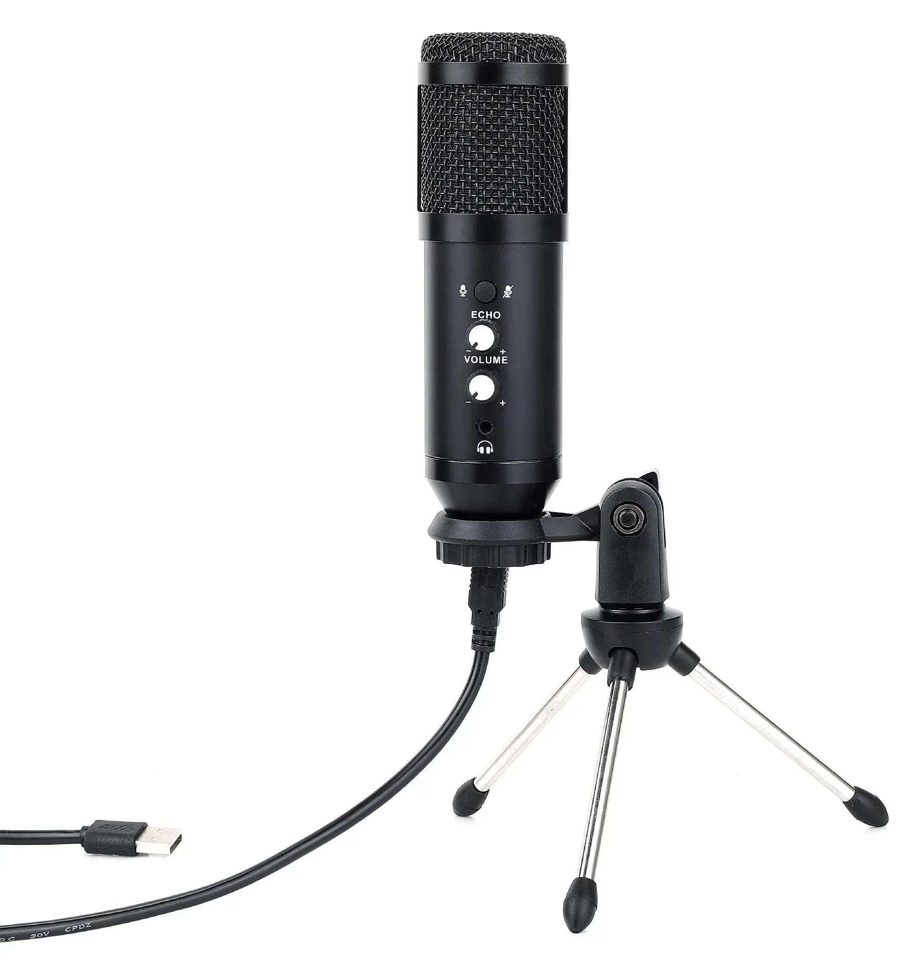 Black professional usb condenser microphone with mesh grille and controls for echo and volume on tripod for speech recording teaching