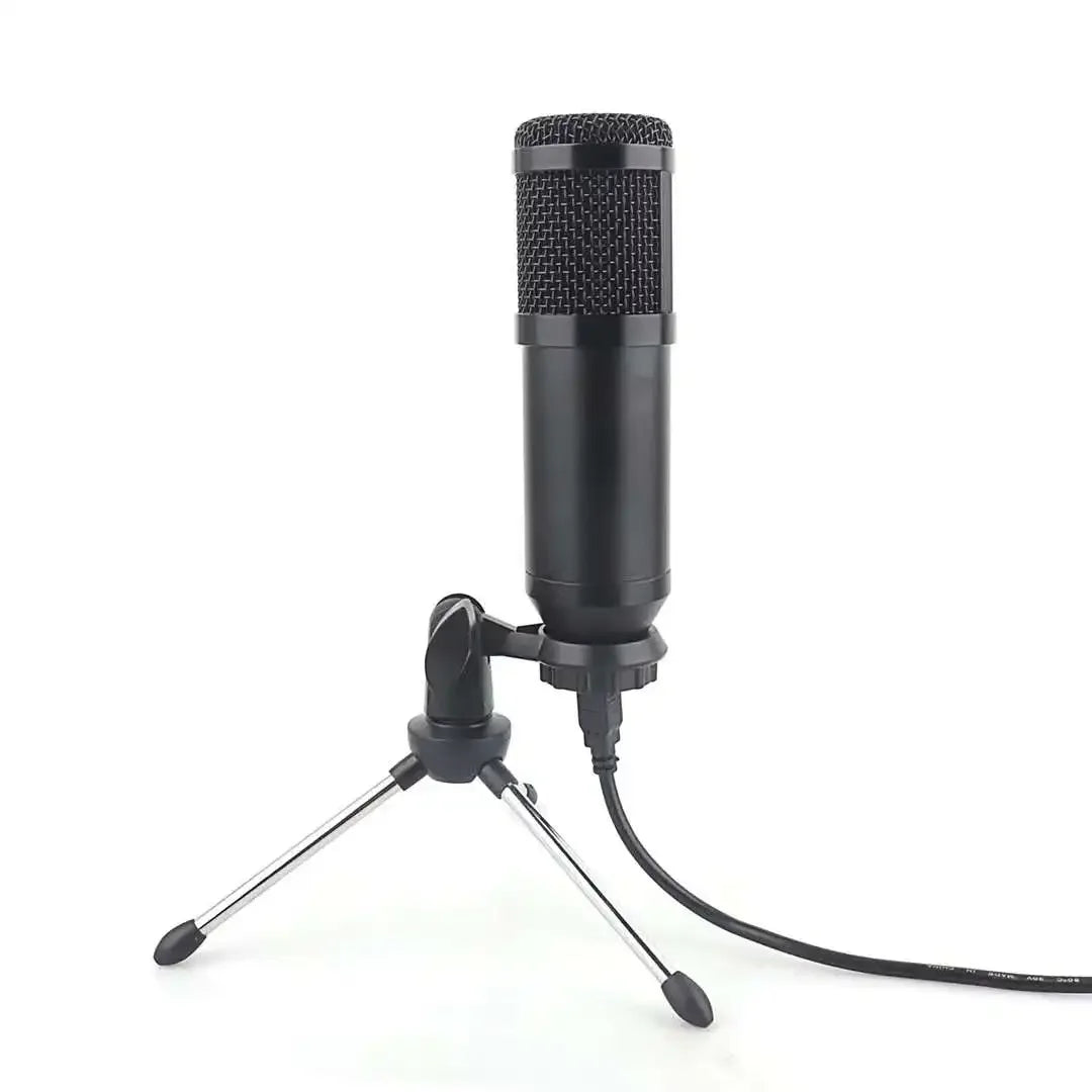 Black professional usb condenser microphone with mesh grille and tripod stand for laptop pc live interview speech recording