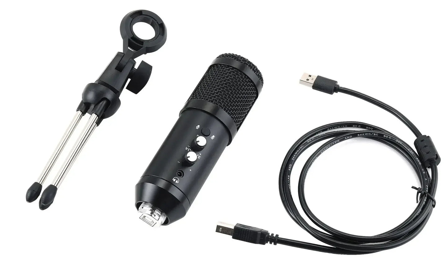 Black professional usb condenser microphone with mesh grille and control buttons for laptop pc live interview speech recording