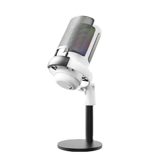 White and silver professional usb microphone with mesh grille mounted on adjustable stand for live video recording