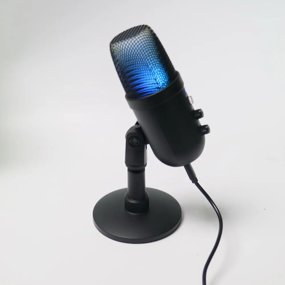 Black professional usb streaming podcast pc microphone with blue-lit mesh grille and adjustable stand studio cardioid condenser mic