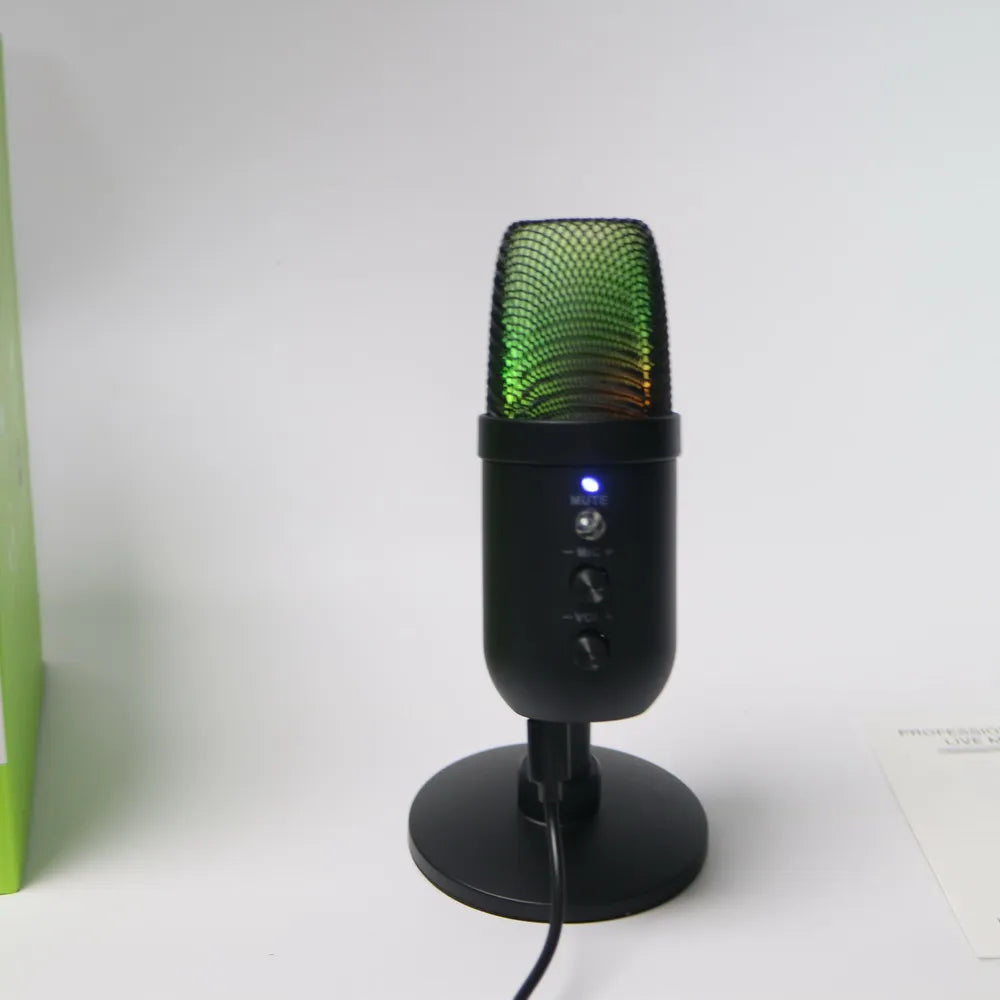 Black usb podcast pc microphone with green mesh grille and blue power indicator for professional usb streaming recording youtube singing