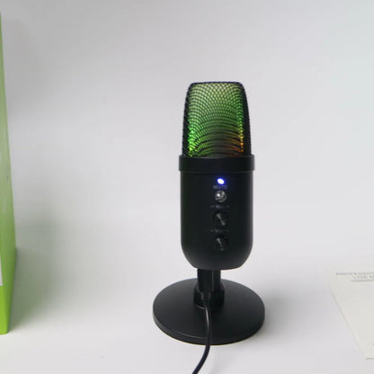 Black usb podcast pc microphone with green mesh grille and blue power indicator for professional usb streaming recording youtube singing