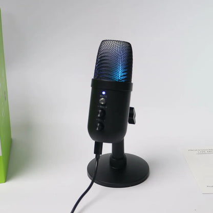 Black usb-powered professional usb streaming microphone studio cardioid condenser mic with mesh grille and blue led lighting