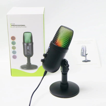 Black professional usb streaming podcast pc microphone with rainbow glowing mesh grille and control buttons for recording youtube singing