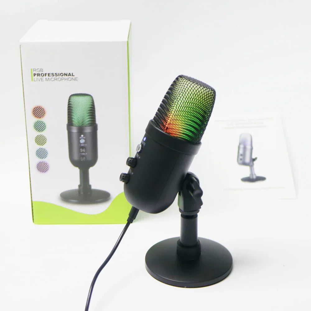 Black rgb professional usb streaming podcast pc microphone studio cardioid condenser mic with rainbow mesh grille and control buttons