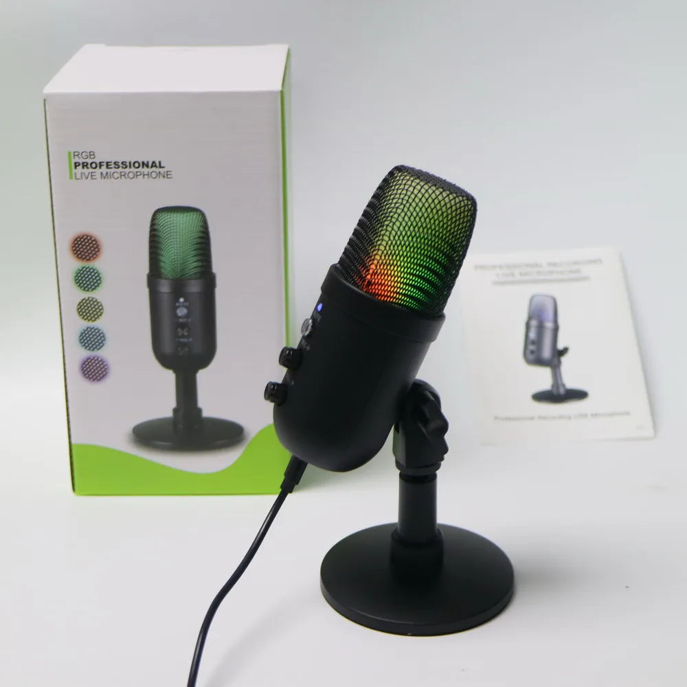 Black RGB professional usb streaming podcast pc microphone with mesh grille and green red orange glowing lights for recording youtube singing