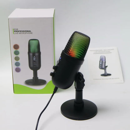 Black RGB professional usb streaming podcast pc microphone with mesh grille and green red orange glowing lights for recording youtube singing