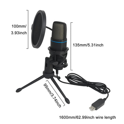 Black professional usb streaming microphone studio cardioid with mesh grille blue accent for recording twitch youtube