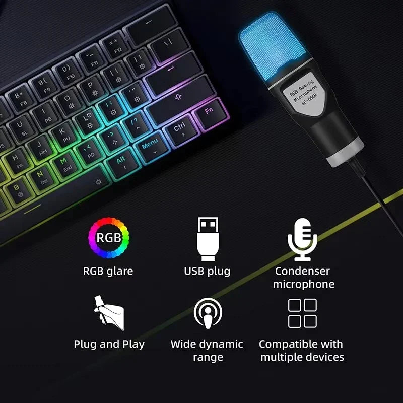 A sleek black professional usb streaming microphone studio cardioid with glowing blue mesh and rgb lighting for recording twitch youtube