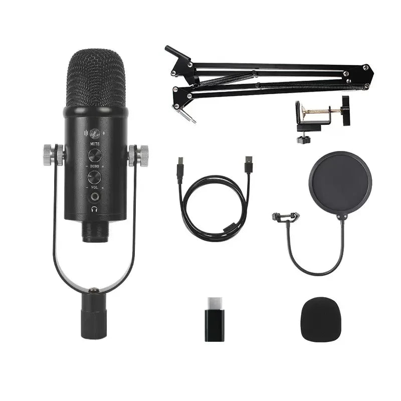 Black professional usb streaming podcast pc microphone with mesh grille and control knobs condenser mic kit for recording