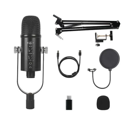Black professional usb streaming podcast pc microphone with mesh grille and control knobs condenser mic kit for recording