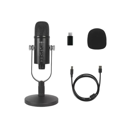 Black professional usb streaming podcast pc microphone with mesh grille silver adjustment knobs on stand condenser mic kit