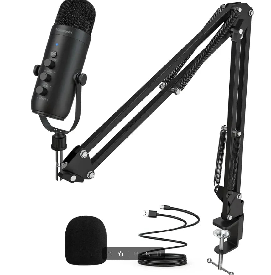 Black professional usb streaming podcast pc microphone condenser mic kit with adjustable boom arm and accessories for recording