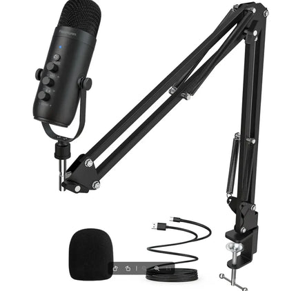 Black professional usb streaming podcast pc microphone condenser mic kit with adjustable boom arm and accessories for recording