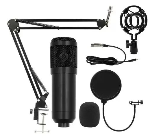 Black professional usb streaming podcast pc microphone condenser mic kit with mesh grille shock mount and adjustable boom arm