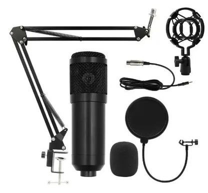 Black professional usb streaming podcast pc microphone condenser mic kit with mesh grille shock mount and adjustable boom arm