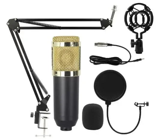 Black and gold professional usb streaming podcast pc condenser mic kit with mesh grille on adjustable boom arm stand