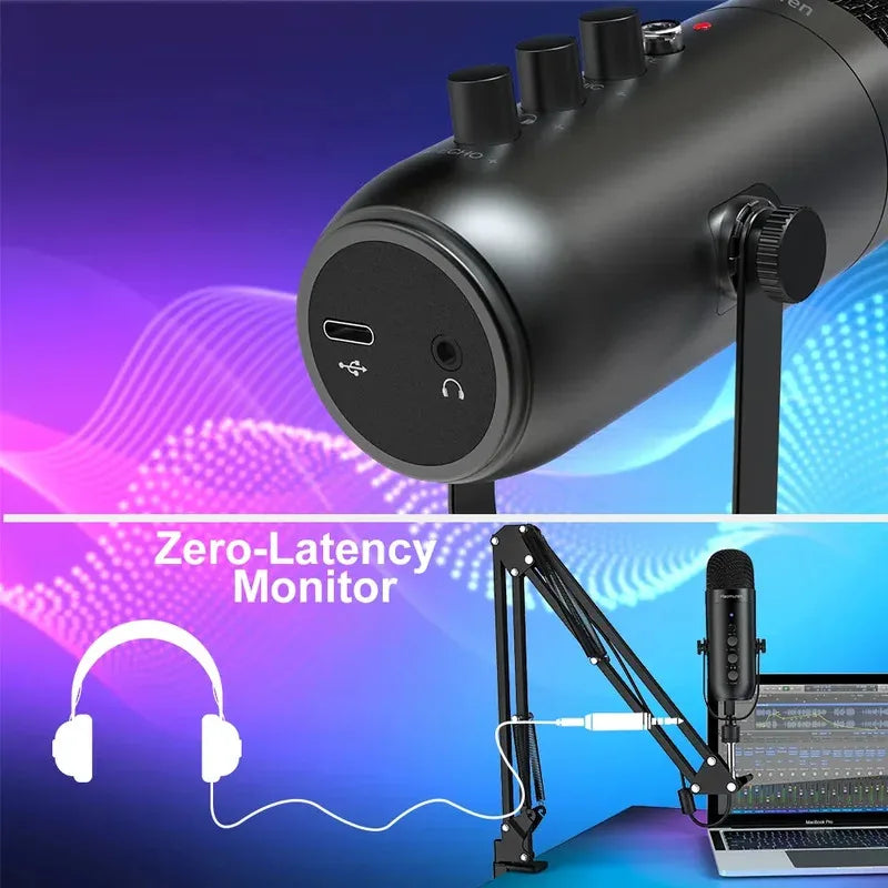 Black cylindrical professional usb streaming podcast pc microphone with multiple control knobs and matte finish condenser mic kit