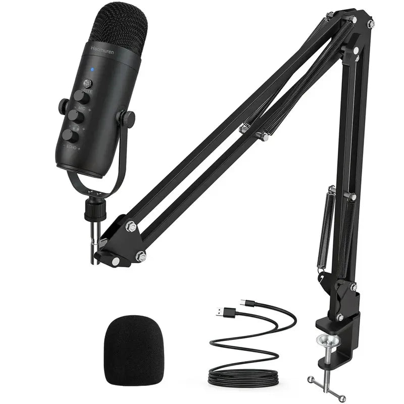Black professional usb streaming podcast pc microphone condenser mic kit with adjustable boom arm and pop filter for recording