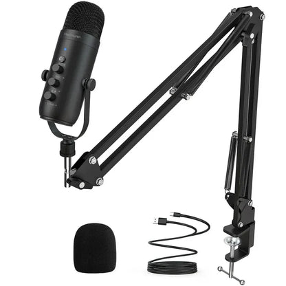 Black professional usb streaming podcast pc microphone condenser mic kit with adjustable boom arm and pop filter for recording