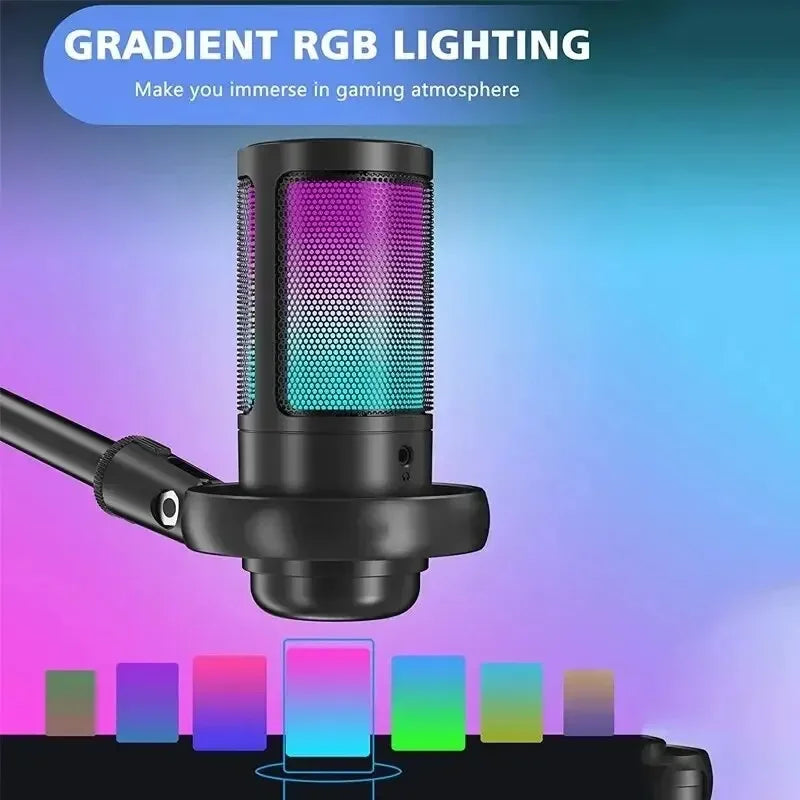 Professional black usb studio gaming microphone with purple to teal rgb lighting for streaming gaming youtube and singing gaming recording ps4