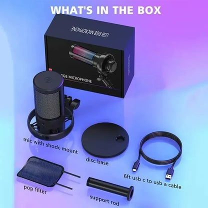 Black usb rgb microphone with mesh grille and shock mount for professional streaming gaming youtube and ps4 recording