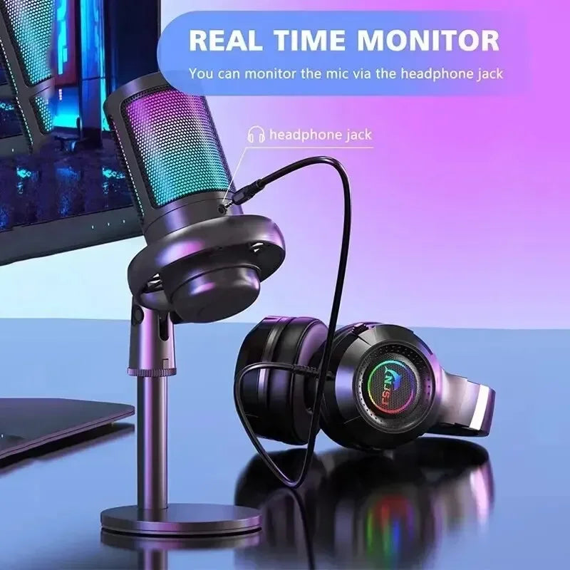 Black professional usb studio microphone with mesh grille and rgb lighting on stand next to matching headphones for streaming gaming youtube and ps4 recording