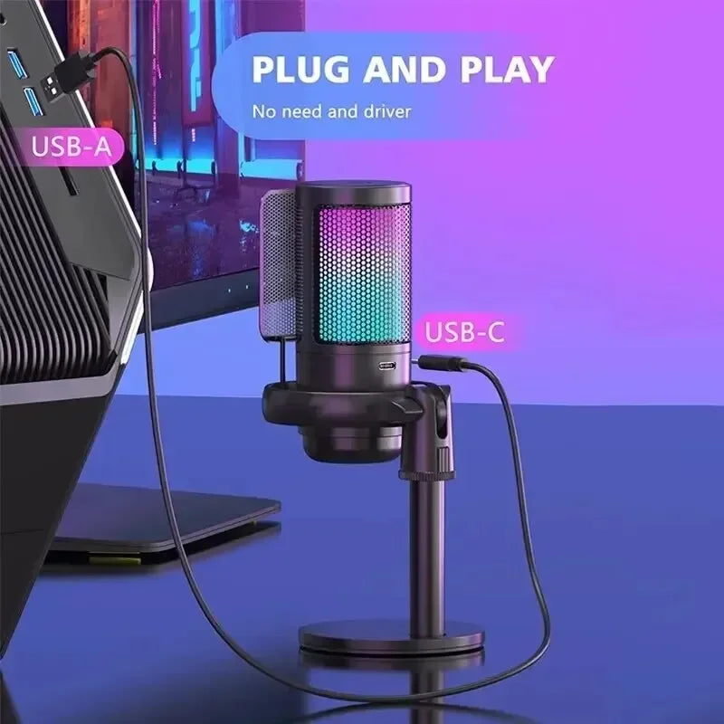Black professional usb studio microphone with mesh grille rgb lighting usb-a and usb-c for streaming gaming youtube and ps4 recording