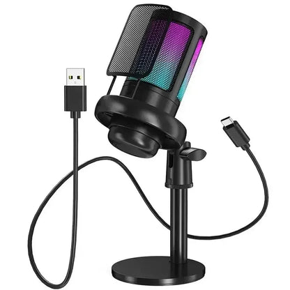 Professional black usb studio microphone with mesh grille and purple blue teal rgb lighting for streaming gaming youtube and singing gaming recording ps4