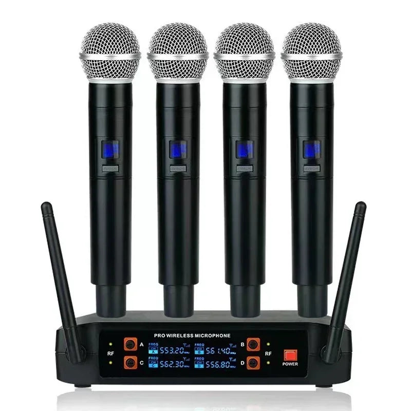 Set of four black professional vhf wireless channel handheld karaoke microphones with silver mesh grilles on receiver for home party church use