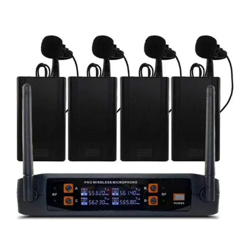 Black professional vhf wireless microphone system with four lavalier mics and receiver displaying channel frequencies for home party church use
