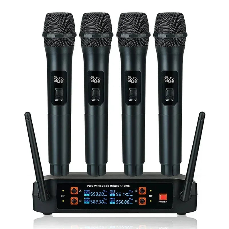 Set of four black professional vhf wireless channel handheld karaoke microphones with digital displays and matching receiver for home party church use
