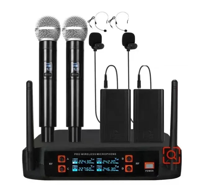 Black professional vhf wireless microphone system with two handheld karaoke mics and lavalier mics for home party church use