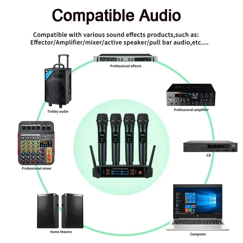 Professional vhf wireless microphone system with four black channel handheld karaoke mics for home party church events