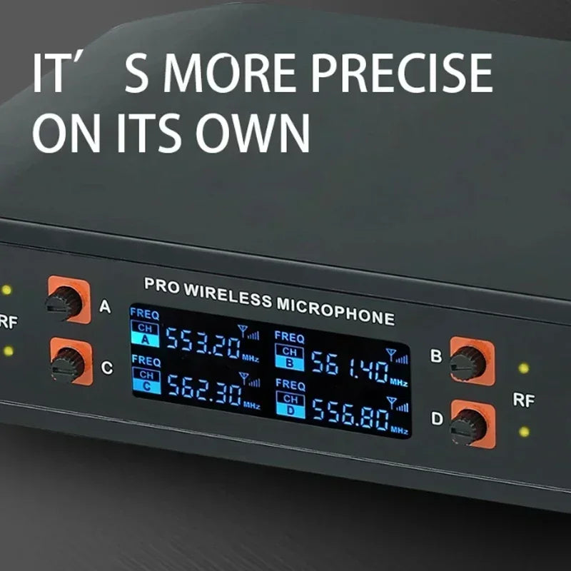 Black professional vhf wireless microphone receiver with orange knobs and digital display for 4 channel handheld karaoke use at home party church