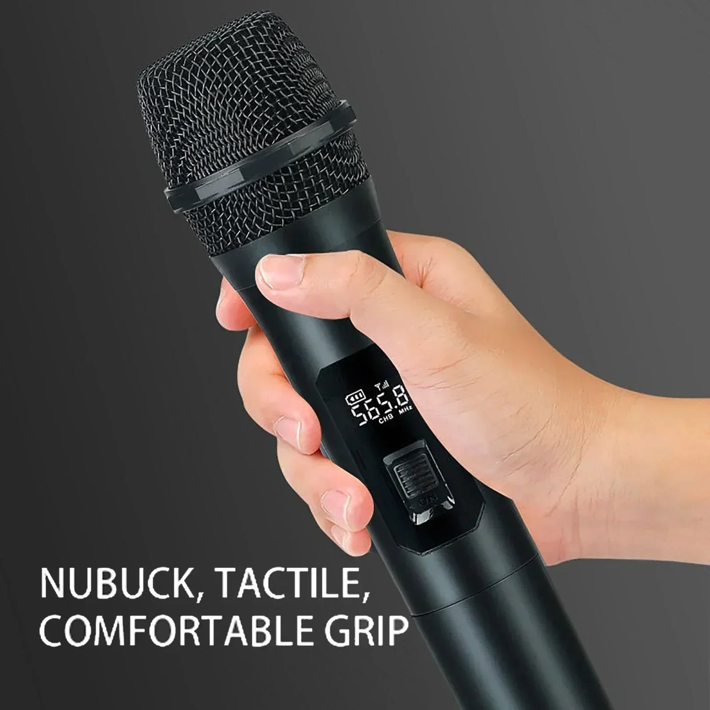 Black professional VHF wireless channel handheld karaoke microphone with textured grille and digital frequency display for home party church use