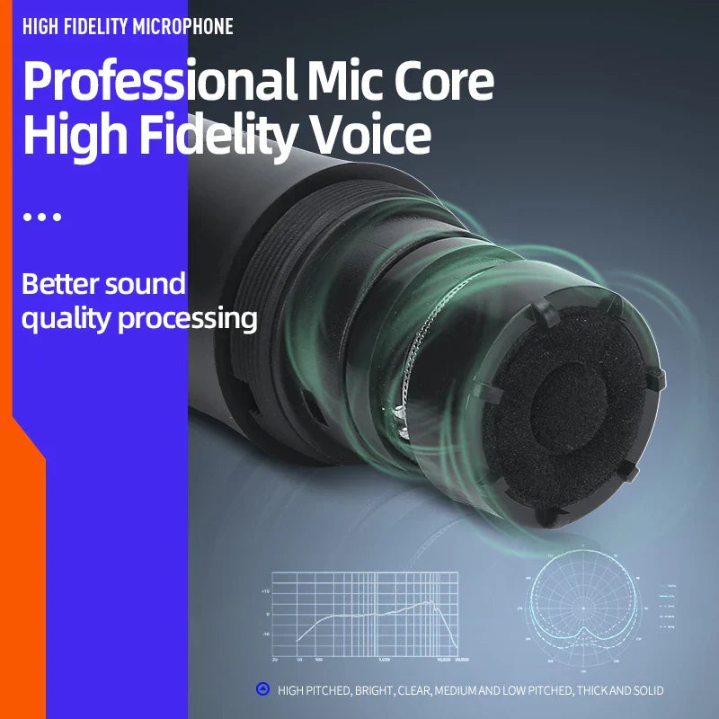 Black professional vhf wireless microphone with transparent green grille and metallic mesh for home party church events