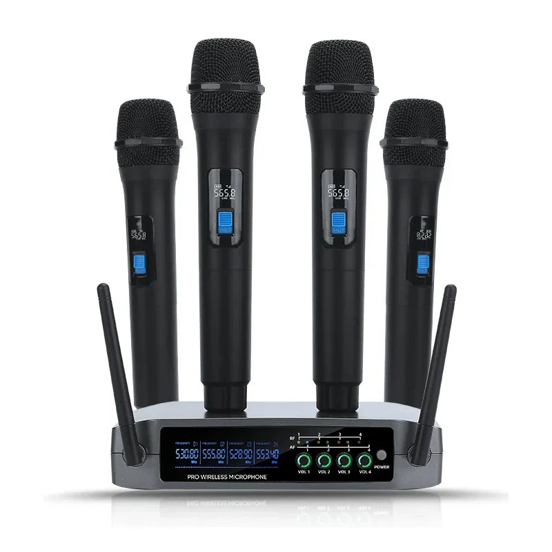 Set of four black professional VHF wireless channel handheld karaoke microphones with blue buttons on a gray receiver for home party church events