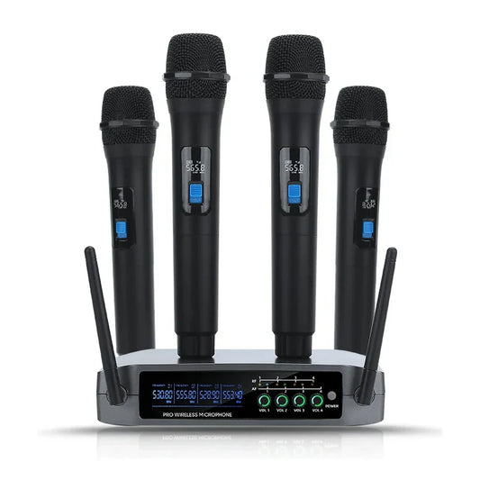 Set of four black professional VHF wireless channel handheld karaoke microphones with blue buttons on a gray receiver for home party church events